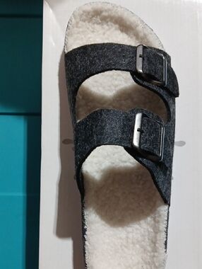 Faux Shearling Lined Double Buckle Slide - Black Felt